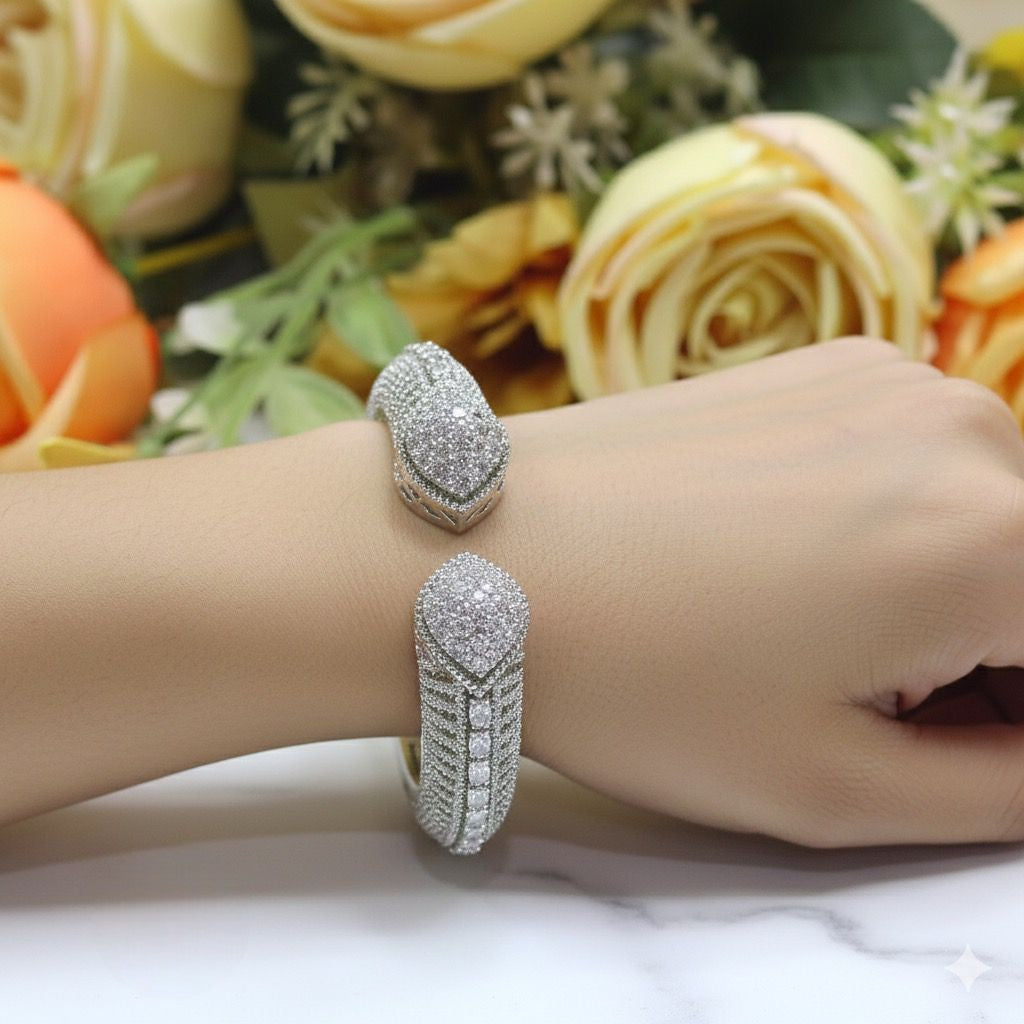 Silver Plated Cuff Bracelet (Luxury Designer Kada Bangle - Libasaa.com