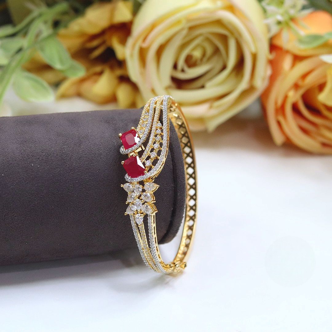 Luxurious Gold-Plated Ruby & Diamond Simulant Openable Cuff Bracelet - Libasaa.com