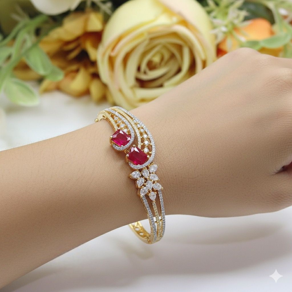 Luxurious Gold-Plated Ruby & Diamond Simulant Openable Cuff Bracelet - Libasaa.com