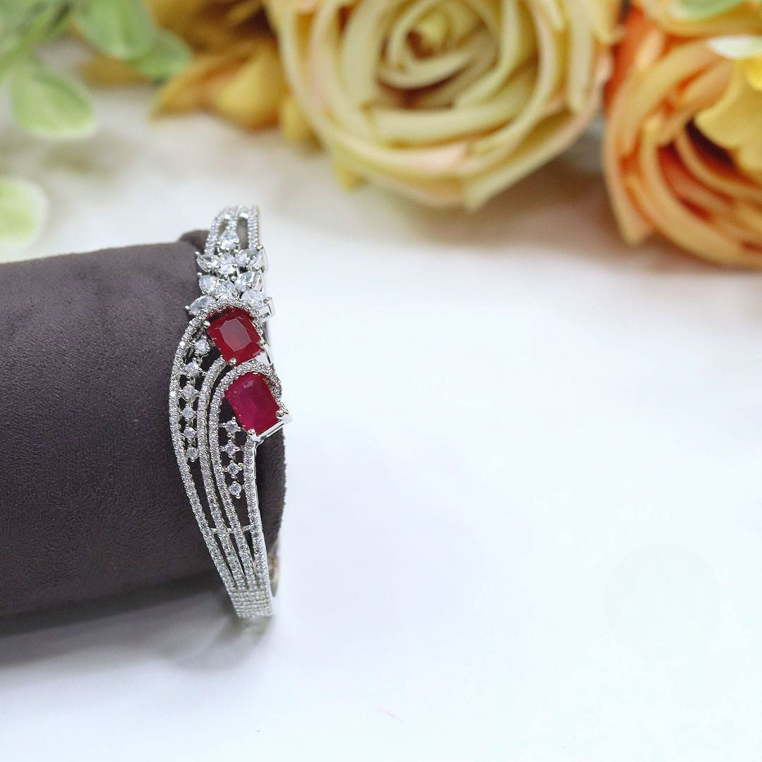 Luxurious Silver-Plated Ruby & Diamond Simulant Openable Cuff Bracelet - Libasaa.com