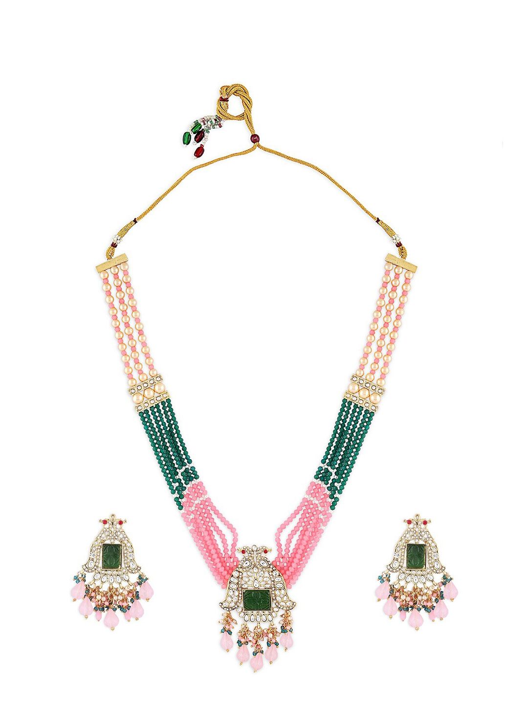 Green Pink Multistrand Peacock Kundan Necklace Earring Set