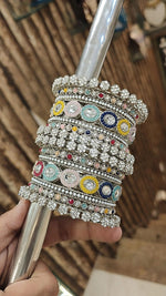 Pakistani Multicolor Silver Finish Motif Bangle Chura Set For Wedding