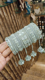 Silver Square Motif Stone Bangle With Jhaller Set| Indian Bangle Set | Indian Jewelry | Traditional Jewelry