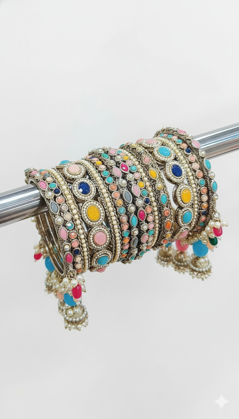 Royal Irani Multi-Stone Bangles Set with Moti Jhumar Design