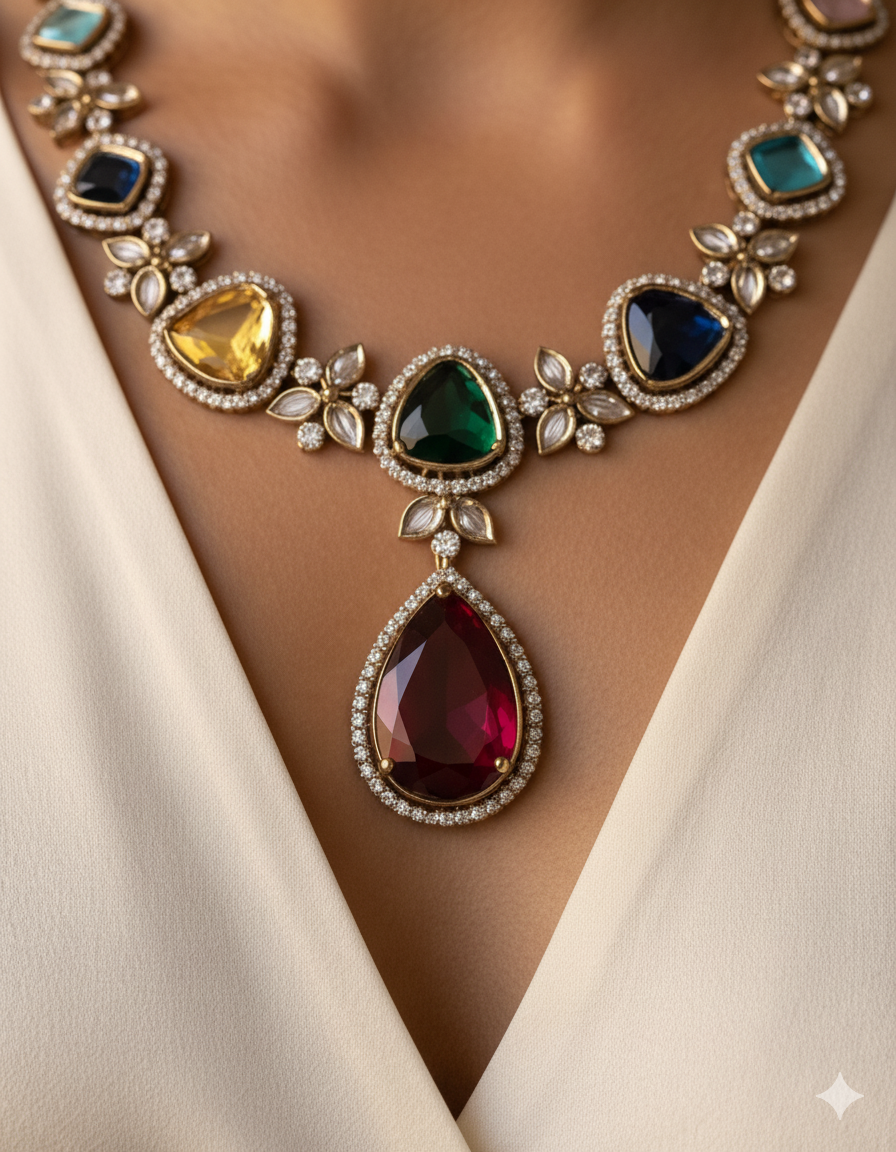 Multicolor Teardrop Gemstone & Gold-Toned Necklace Set