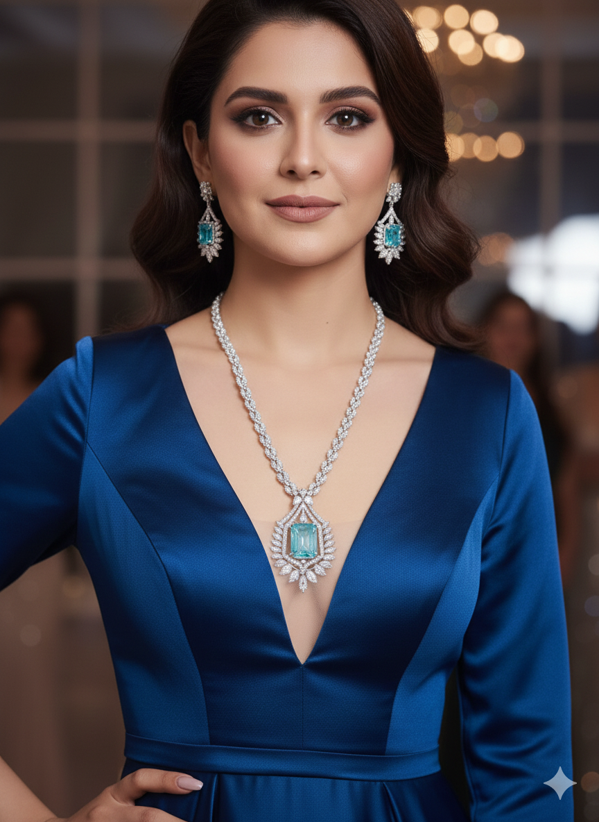 Emerald-Cut Necklace & Earring Set | Indian Jewellery | Stone AD Necklace & Earring Set | Premium Indian Neckles Set for Women