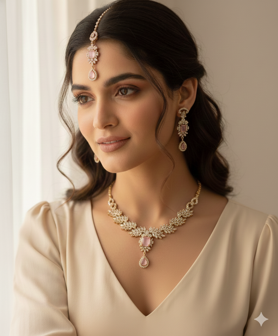 Gold-Plated Stone Necklace Set with Earrings & Maang Tikka | Indian Jewellery | Indian Necklace Set