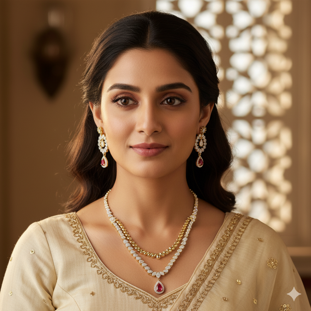 Golden CZ Necklace Jewellery Set | American Diamonds Indian Necklace & Earrings Set