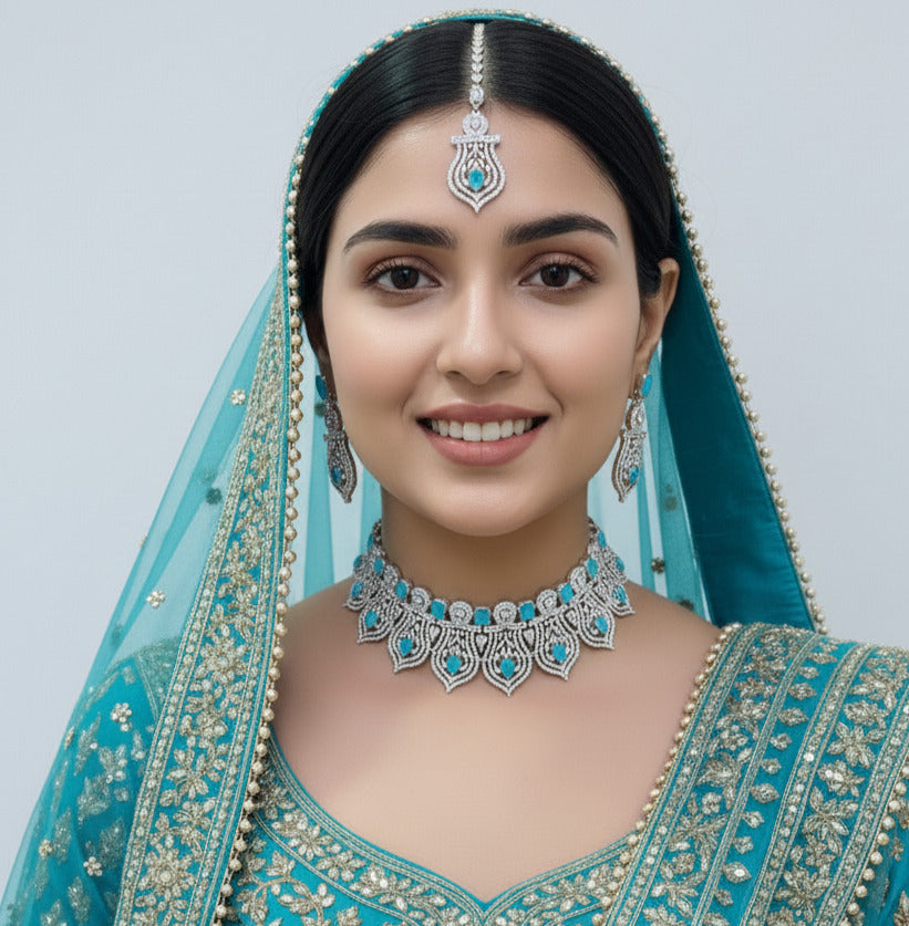 Premium Silver-Plated Turquoise Stone Bridal Choker Set with Necklace, Earrings & Maangtika | Indian Jewellery | Stone Jewellery | Indian Necklace Set