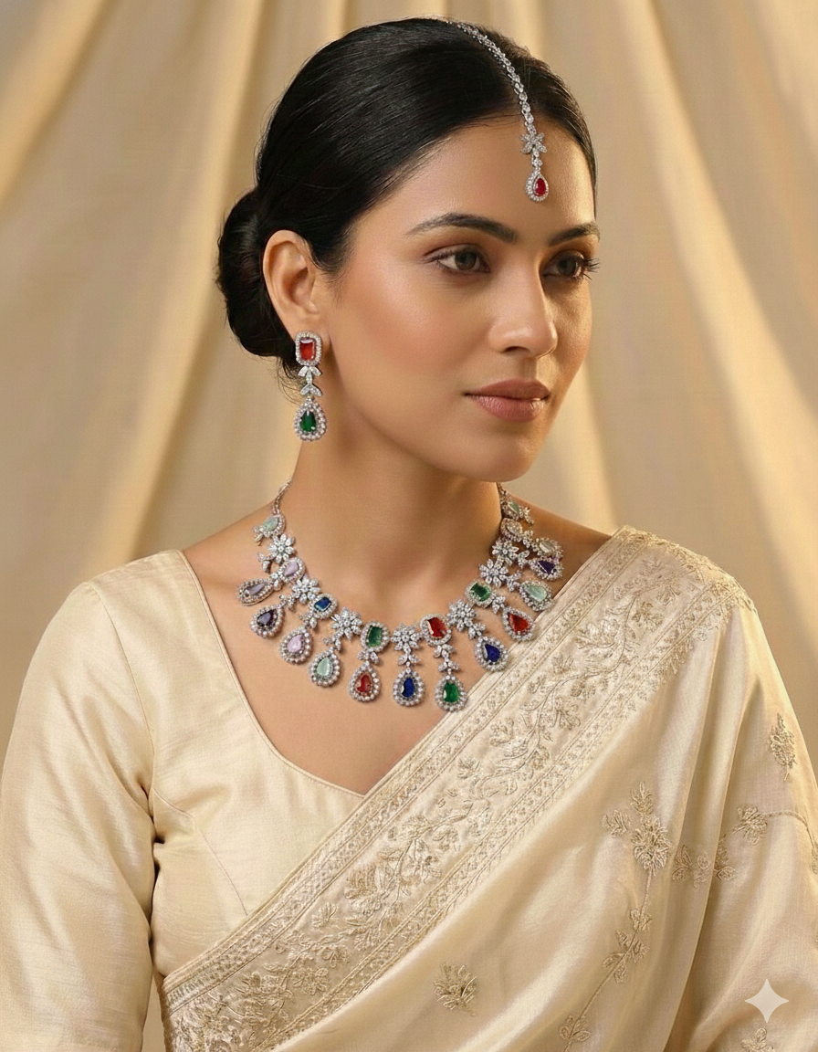 Multicolor CZ Stone Bridal Jewelry Set with Maang Tikka & Earrings | Indian Jewellery | Premium Stone Jewellery Indian Neckles Set