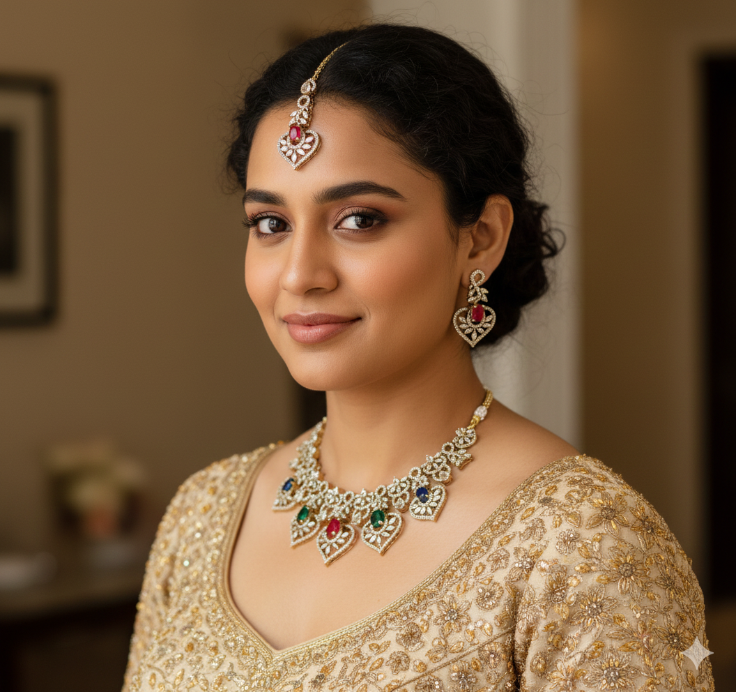 Diamond Stone Heart Necklace Set with Matching Earrings & Maang Tikka | Indian Jewellery Traditional Stone Indian Necklace Set