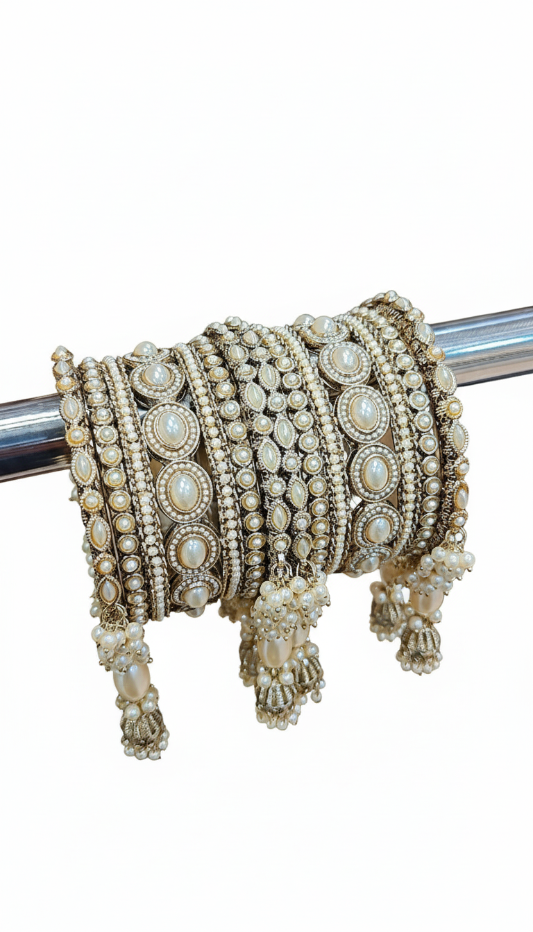 Royal Irani Multi-Stone Bangles Set with Moti Jhumar Design