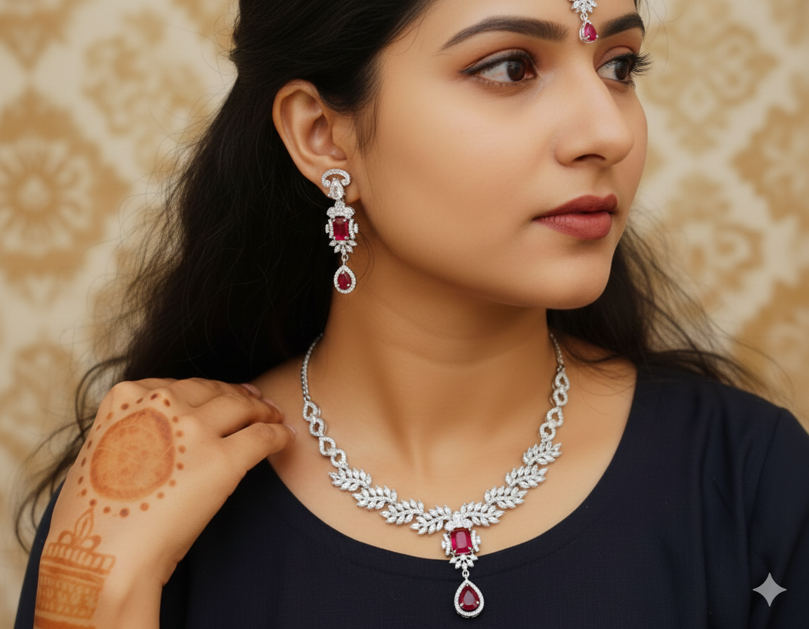 Silver-Plated Necklace Set with Earrings & Maang Tikka | Indian Jewellery | Silver Plated Jewellery | Indian Necklace Set