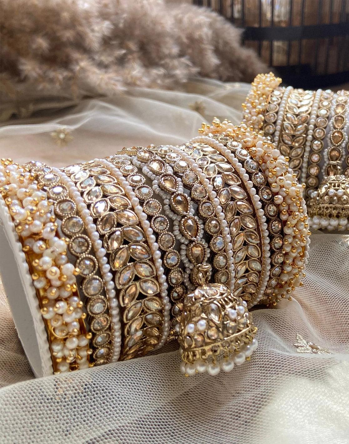 Indian Bangle Set, Golden Stone pearl Indian Asian bangles with jhumki, Wedding bangles, Indian jewelry, Bridal bangles, jhumki bangles - Libasaa