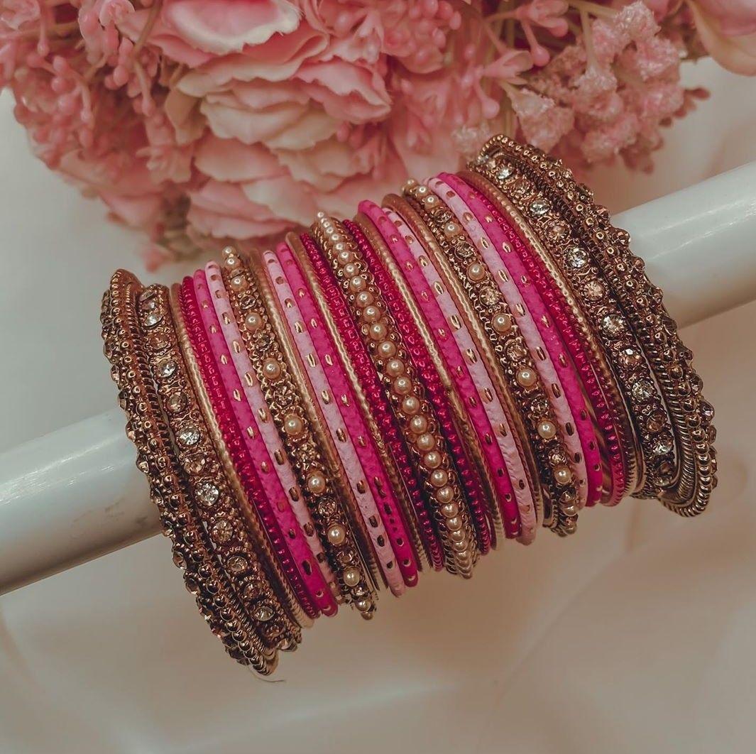 Pink Color and Antique Golden Color Silk Matte Dotted Indian Bridal Wedding Jewelry Traditional Bangle Set - Libasaa