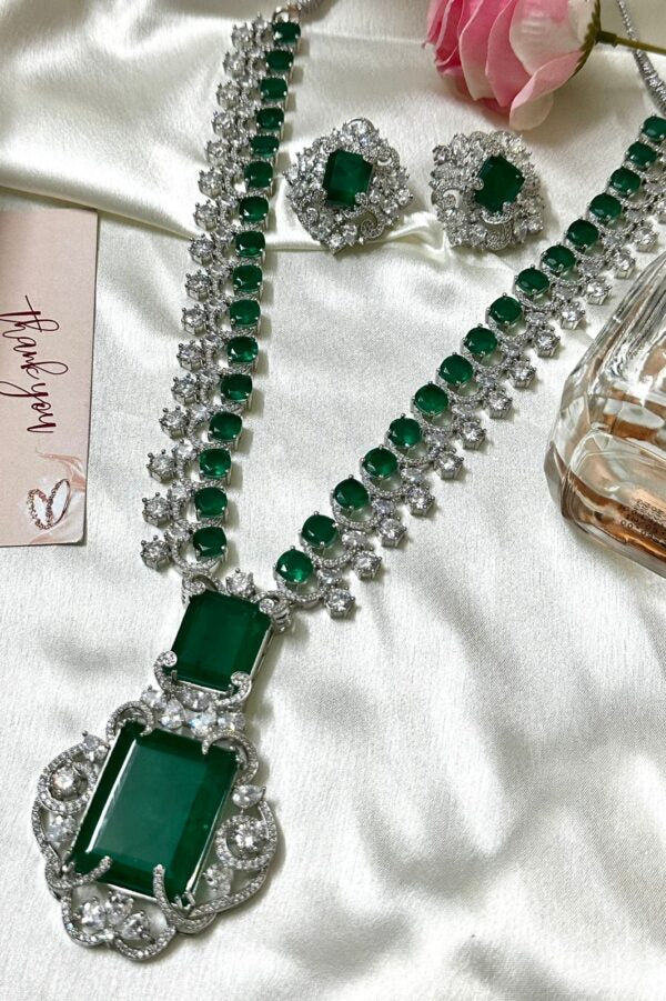 Green Emerald Original Polki Luxury Lady Trending Long Premium AD Set