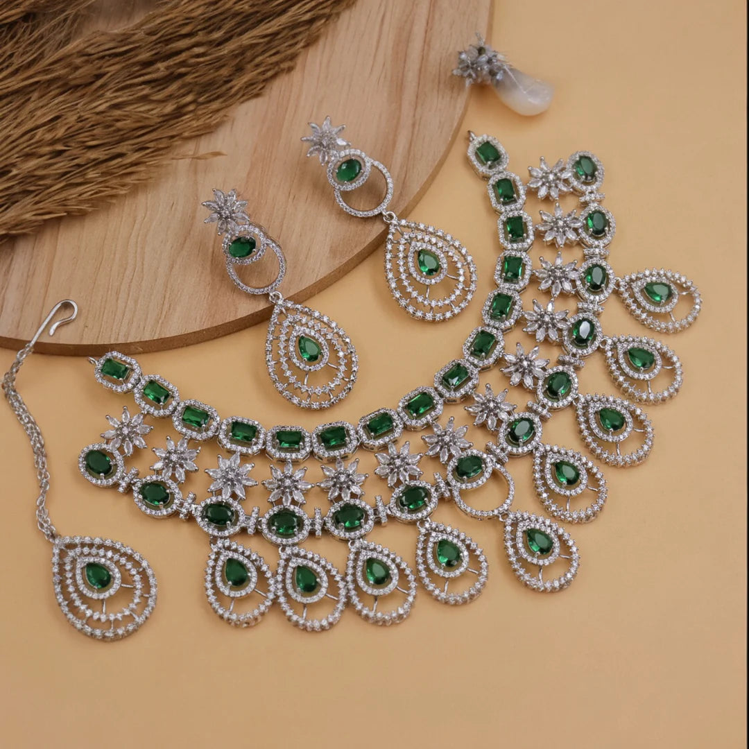 Premium American Diamond Emerald Wedding Necklace Hot Selling Heavy Bridal AD Choker set, Ad bridal choker, heavy ad necklace set