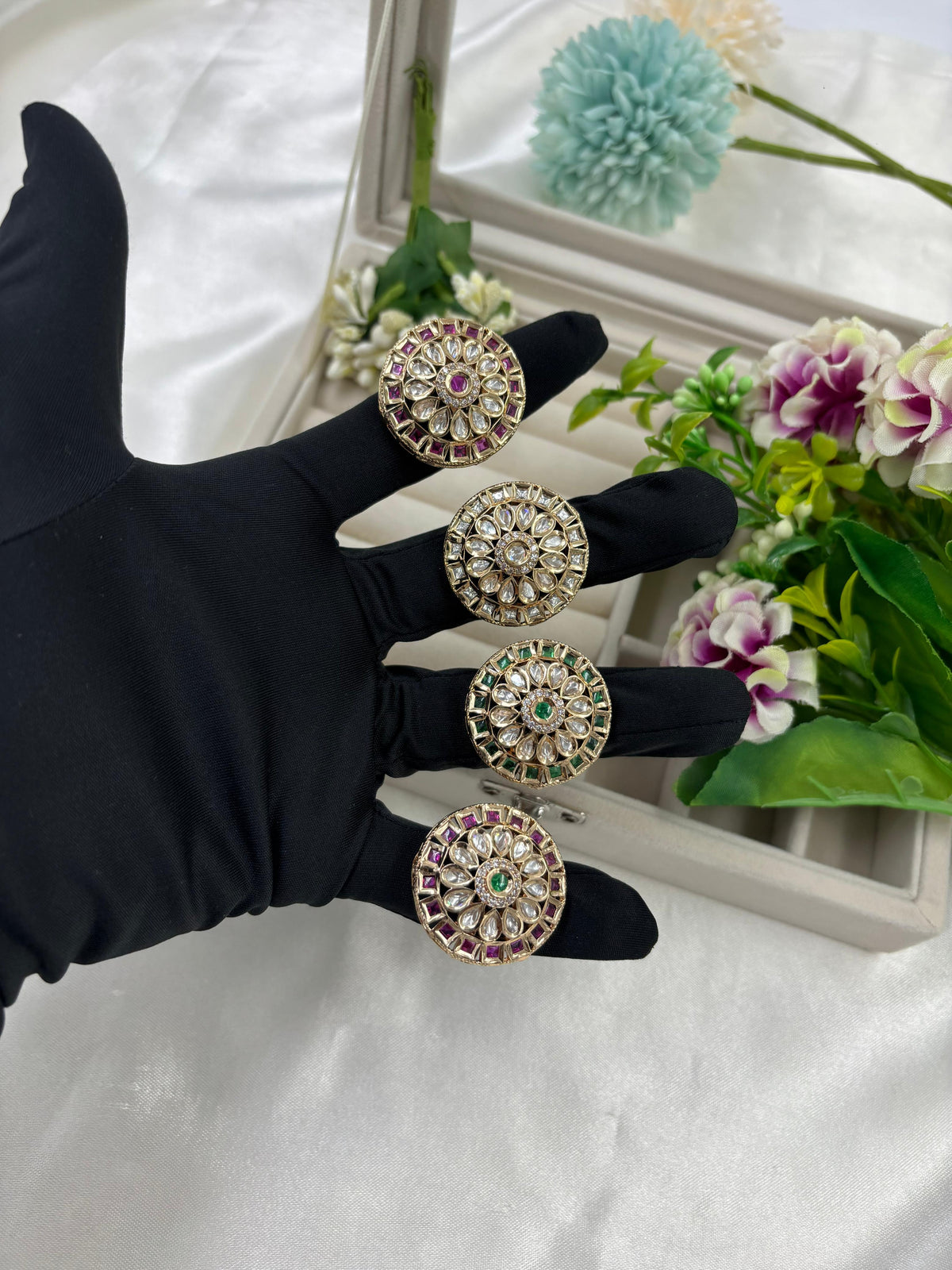 Premium Moissanite Kundan Finger Ring – Adjustable Bridal Jewelry