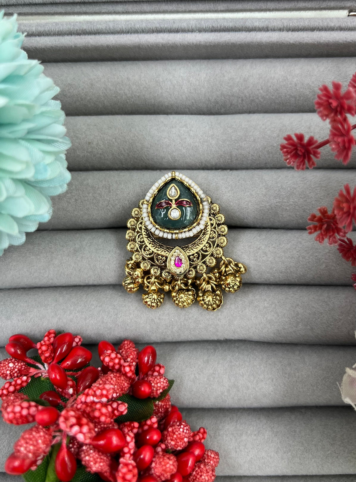 Heritage Green Jhumki Ring – Adjustable Kundan Finger Ring