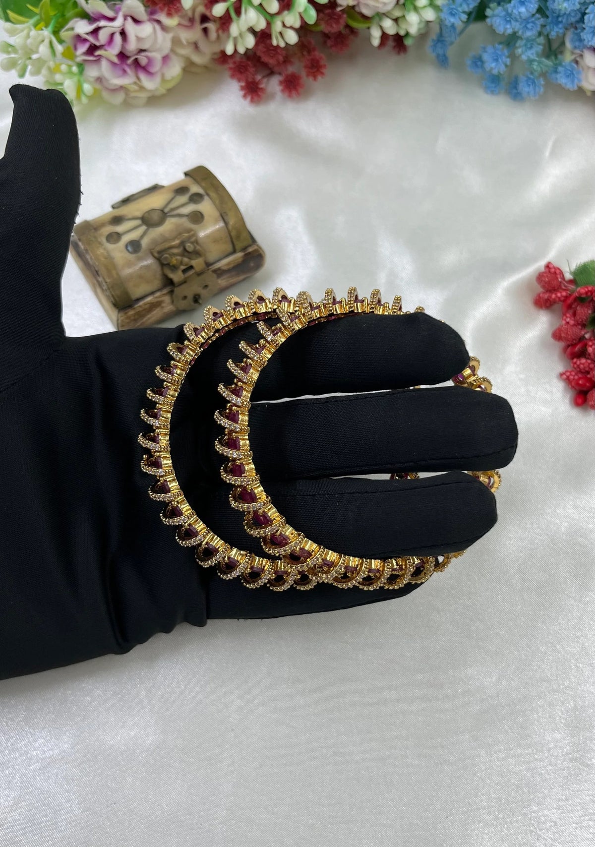 Gold-Tone Stone Kada Bangles with Diamond Accents | Indian Jewellery | Premium Indian Kada Set for Women