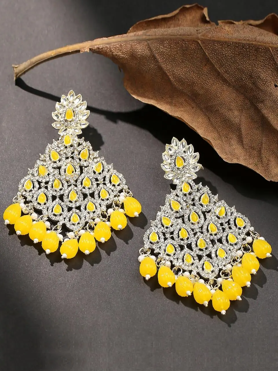 Yellow Austrian Stone And Beads Earrings, Indian Wedding jewellery, bridal,bollywood jewelry, prom, zirconia danglers