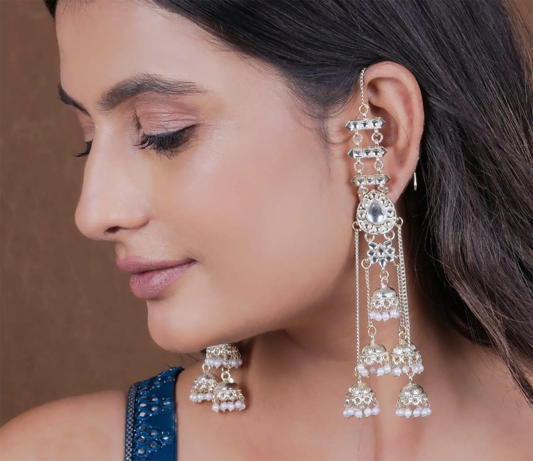 Tulsi Kundan and Moti Long Earrings with kaan chain