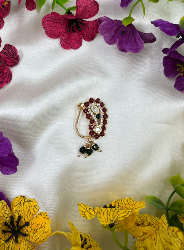 Moissanite Floral Nose Ring (Nath) with Red & Green Stones | Traditional Indian Bridal Nose Pin | Elegant Ethnic Jewelry