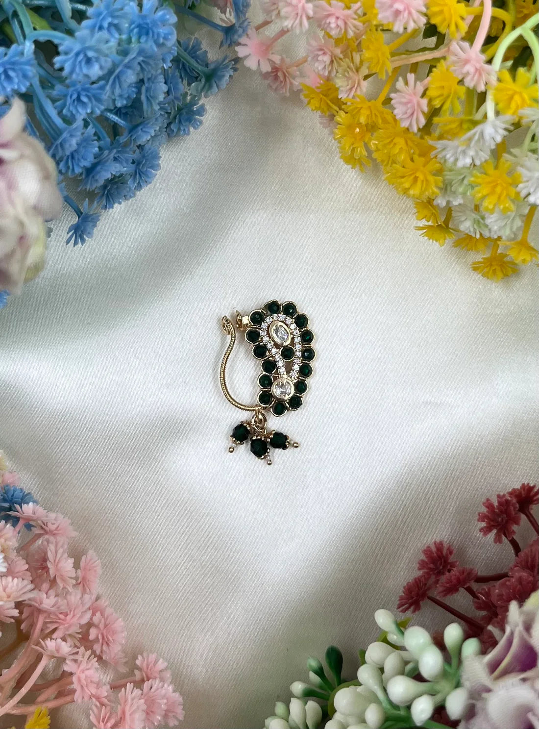 Moissanite Floral Nose Ring (Nath) with Red & Green Stones | Traditional Indian Bridal Nose Pin | Elegant Ethnic Jewelry