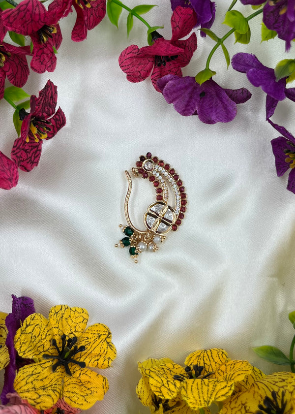 Moissanite Floral Nose Ring (Nath) with Red & Green Stones | Traditional Indian Bridal Nose Pin | Elegant Ethnic Jewelry