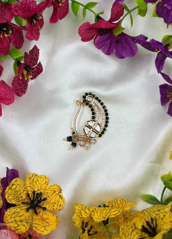 Moissanite Floral Nose Ring (Nath) with Red & Green Stones | Traditional Indian Bridal Nose Pin | Elegant Ethnic Jewelry
