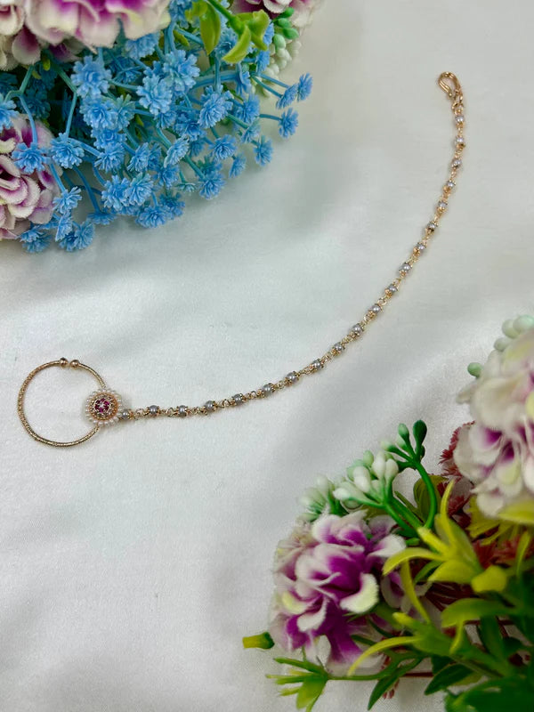 Moissanite Bridal Nose Ring with Chain (Nath) | Floral Polki Style Nose Pin with Pearl Chain | Traditional Indian Wedding & Festive Jewelry for Women