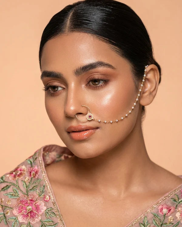 Moissanite Bridal Nose Ring with Chain (Nath) | Floral Polki Style Nose Pin with Pearl Chain | Traditional Indian Wedding & Festive Jewelry for Women