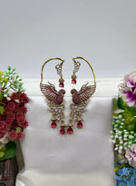 Traditional Victorian Peacock Earcuff Earrings with Pink Teardrop Stones | American Diamond Bridal Statement Jewelry