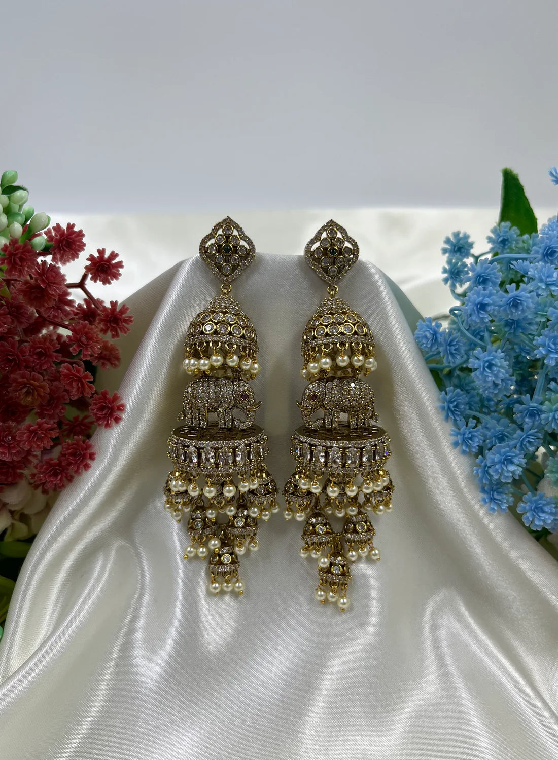 Victorian Elephant Jhumka Earrings with Pearl Drops | Traditional Indian Bridal Jhumki | Antique Gold Ethnic Earrings for Women