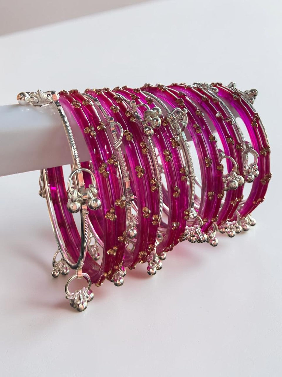 Glass Stone Bangles with Silver Kashmiri Ghunghroo | Bridal Traditional Indian Bangle Set for Women, Festive & Wedding Wear Jewelry