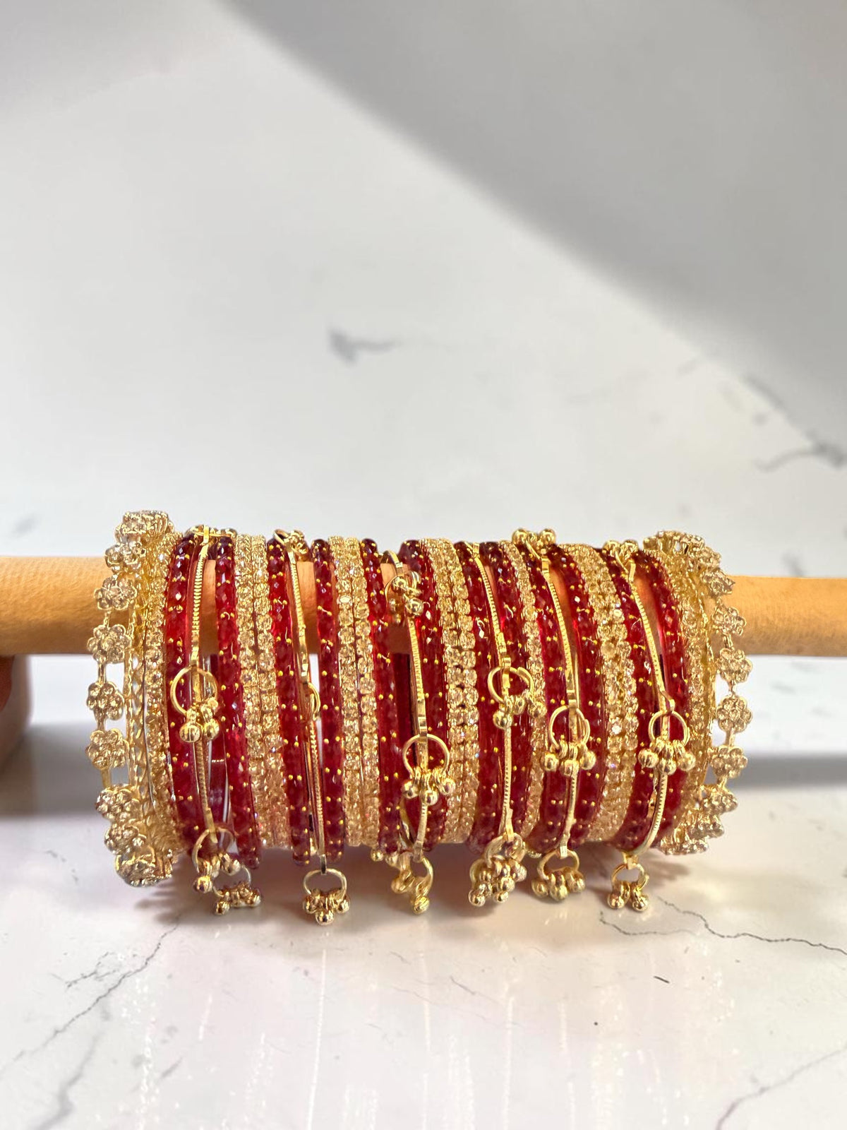 Raindrop Bangles Combo Set with 6 Golden Kashmiri Ghunghroo, 12 Golden Metal Bangles & 2 Golden Kada | Premium Indian Bridal Jewelry Set