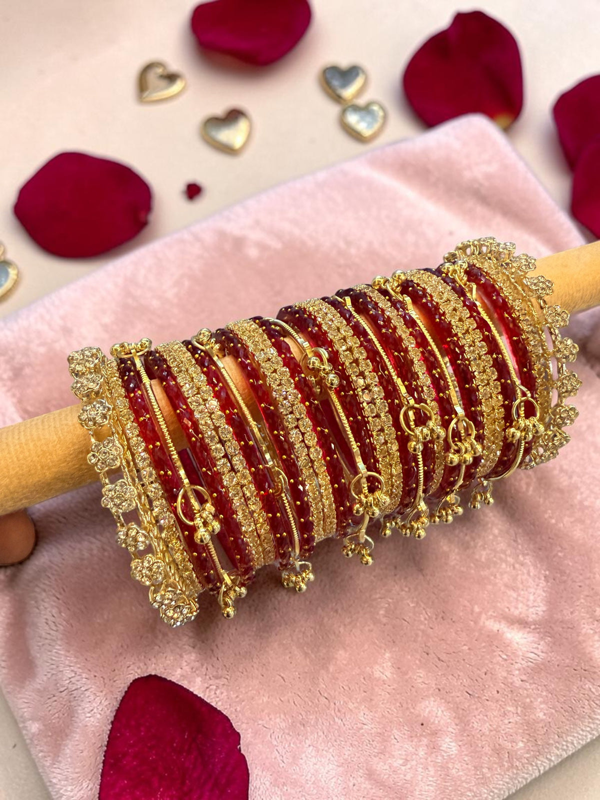 Raindrop Bangles Combo Set with 6 Golden Kashmiri Ghunghroo, 12 Golden Metal Bangles & 2 Golden Kada | Premium Indian Bridal Jewelry Set