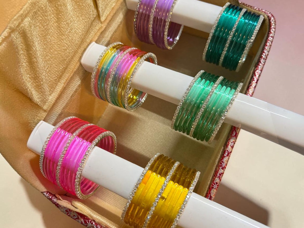Silver Stone Jelly Glass Bangles Set – 6 Vibrant Colours | 8 Bangles Per Packet | Trendy Fashion Chudi Set for Women & Girls