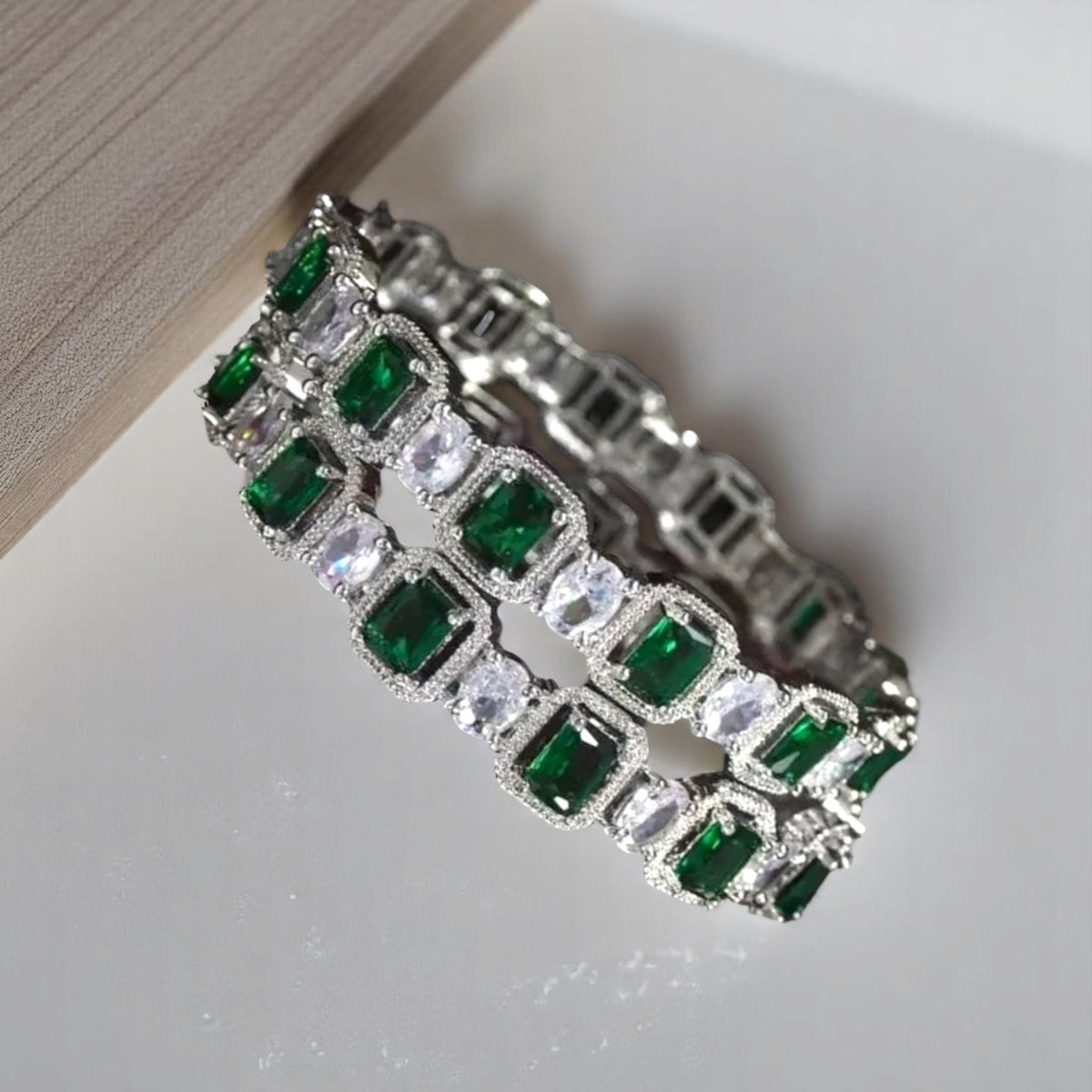 Green American Diamond Silver Finish Bridal Kada Set For Women