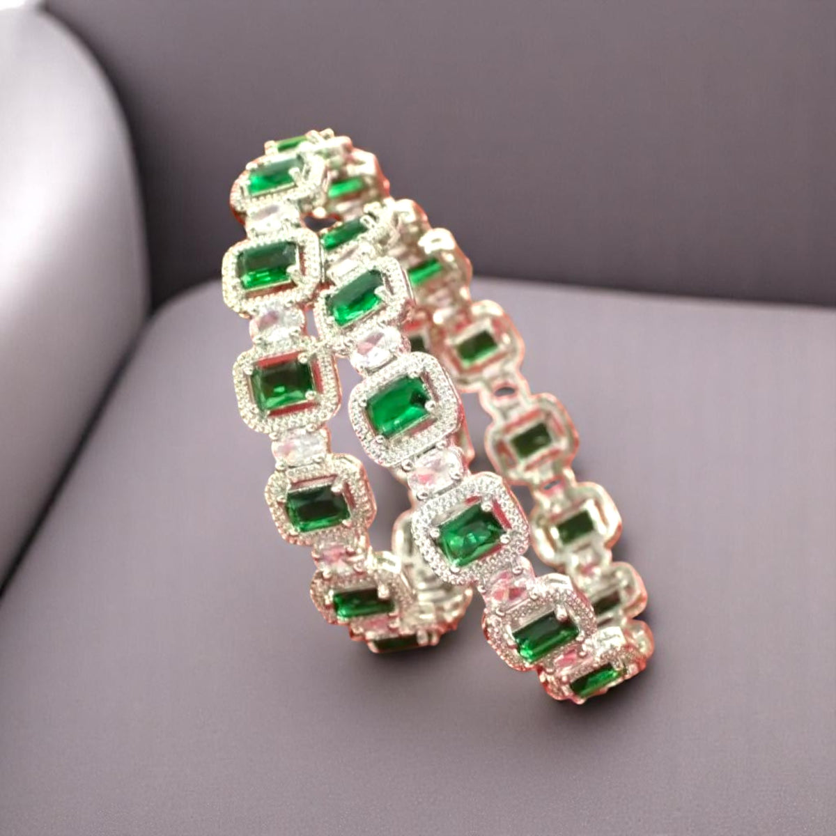 Green American Diamond Silver Finish Bridal Kada Set For Women