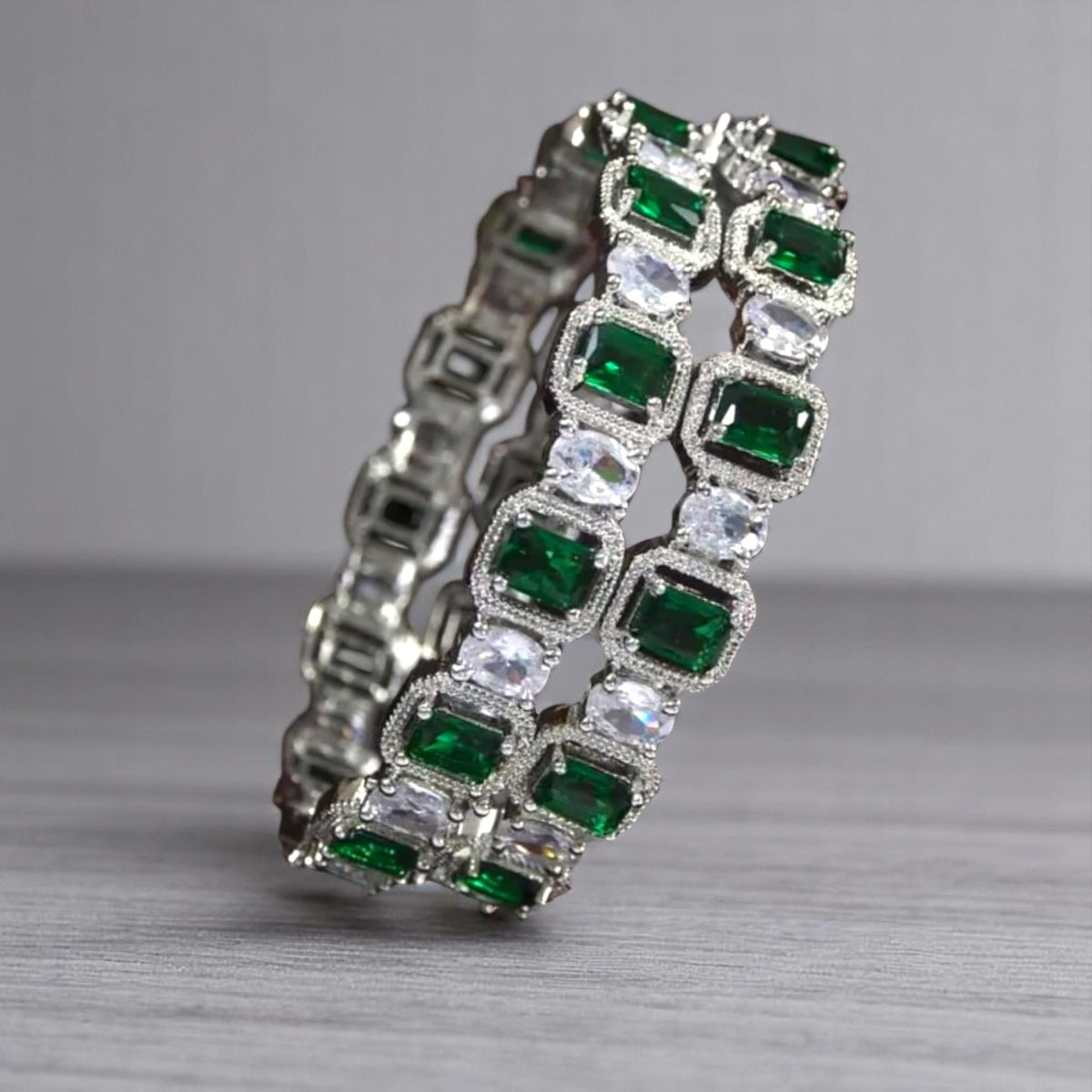 Green American Diamond Silver Finish Bridal Kada Set For Women