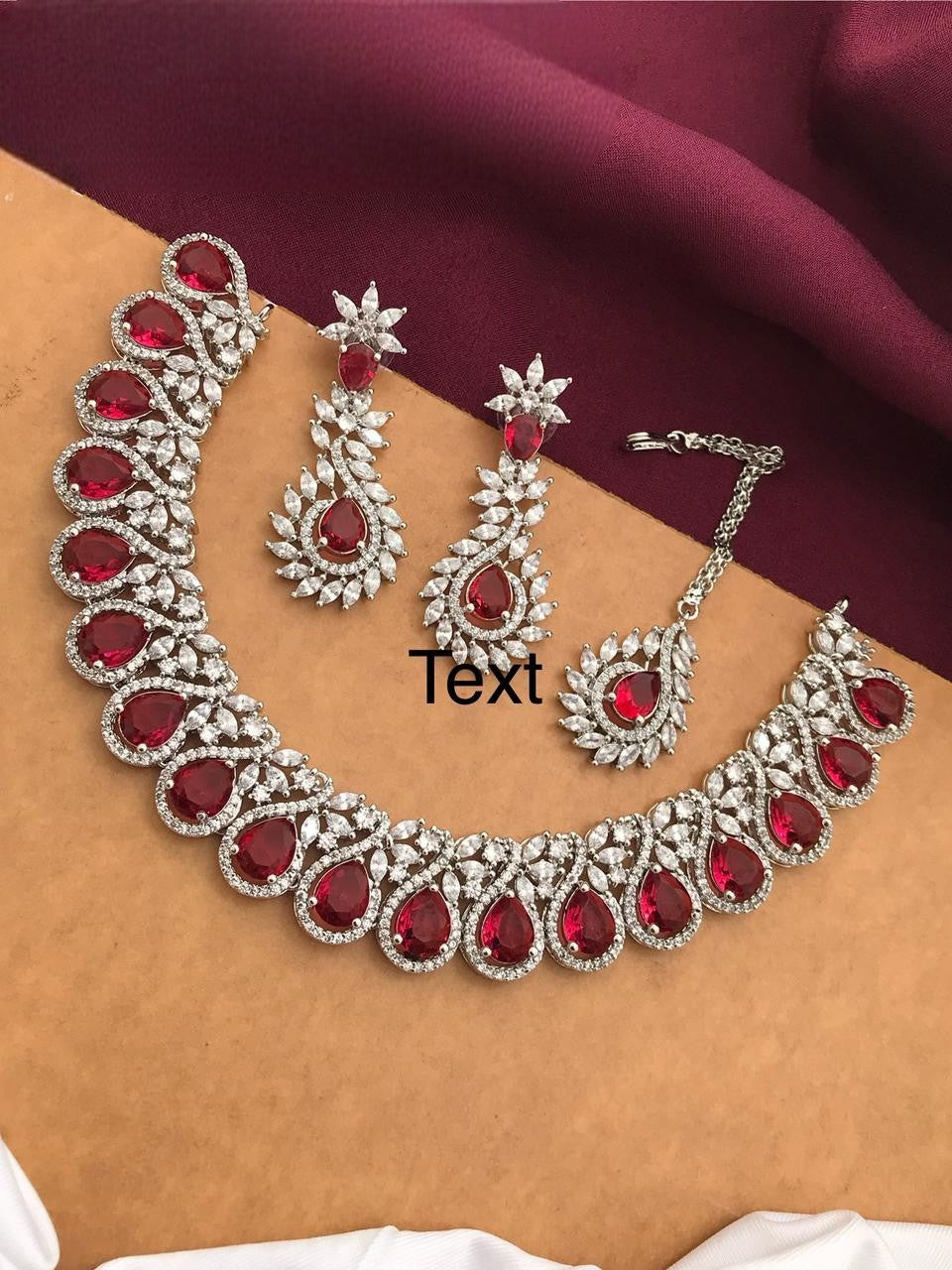 Silver-Plated Ruby Stone Necklace Set with Earrings & Maang Tikka | Bridal Wedding Jewelry