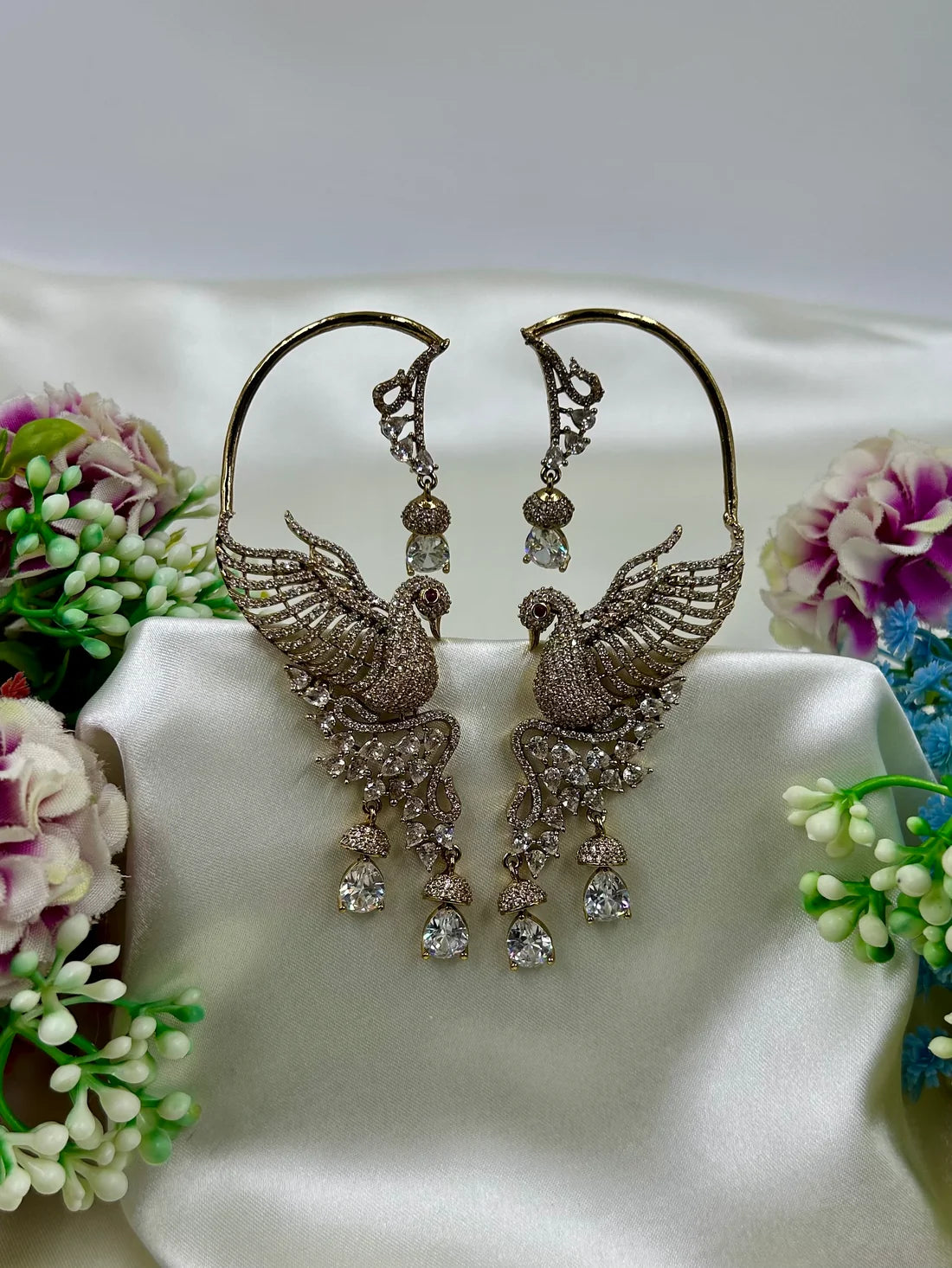 Traditional Victorian Peacock Earcuff Earrings with Pink Teardrop Stones | American Diamond Bridal Statement Jewelry