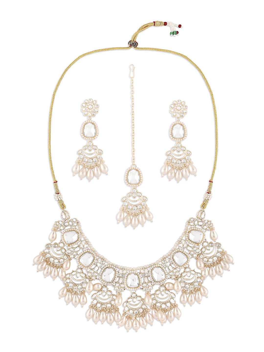 Gold Tone Kundan Artificial Stones & Clustered Drop Beads Bridal Necklace Earring & Maangtikka Set