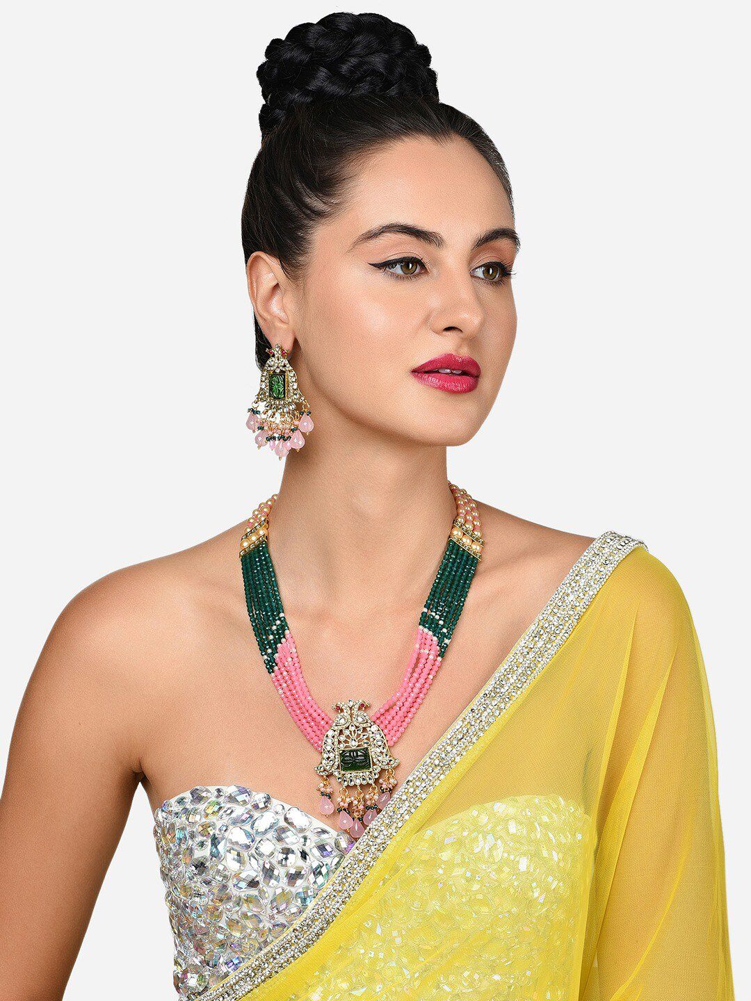 Green Pink Multistrand Peacock Kundan Necklace Earring Set