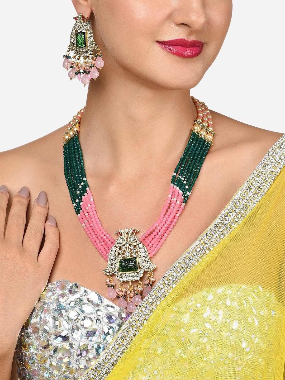 Green Pink Multistrand Peacock Kundan Necklace Earring Set