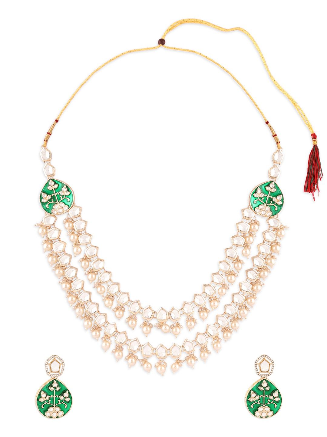 Green Meenakari Stones & Beads Layered Kundan Necklace Earring Set