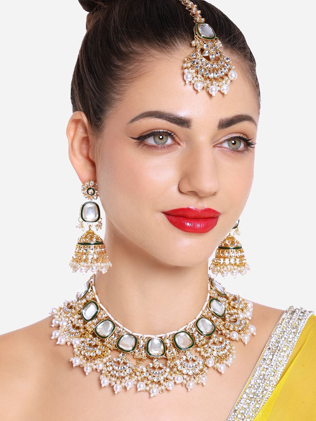 Green Enamel Kundan & Pearls Bridal Necklace Earring Maangtikka Set