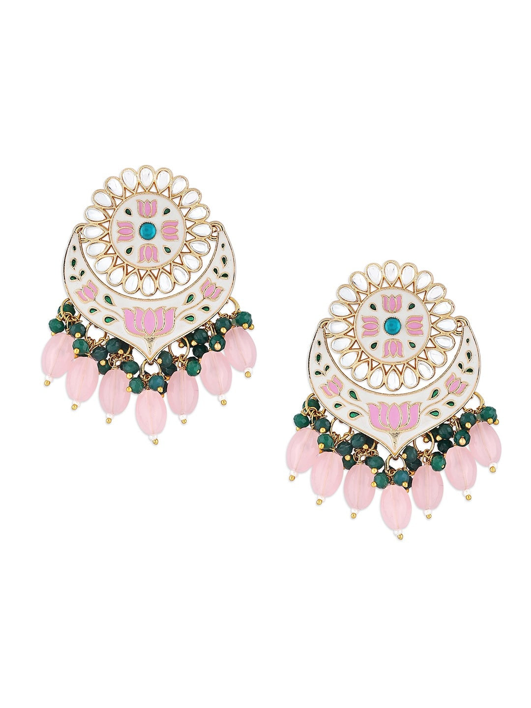 Pink Green Gold-Plated Kundan-Studded & Pearls Beaded Jewellery Set