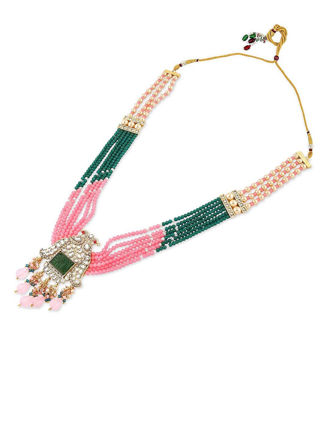 Green Pink Multistrand Peacock Kundan Necklace Earring Set